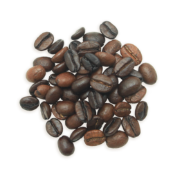 A cluster of Dancing Water coffee beans, a lighter roast.